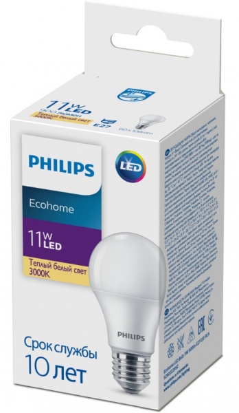 Лампа светодиодная Philips EcoHome 11 Вт A60 матовая E27 90-250 В 3000 К 929002299217 
