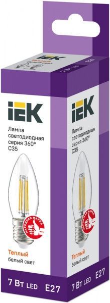 Лампа светодиодная IEK FIL C35 7 Вт E27 3000 К 220 В прозрачная 