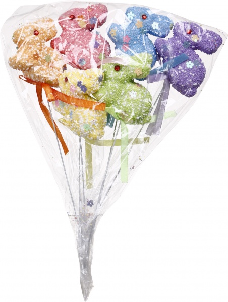 Декорація великодня Зайчики декоративні на паличці 22 см набір з 6 шт