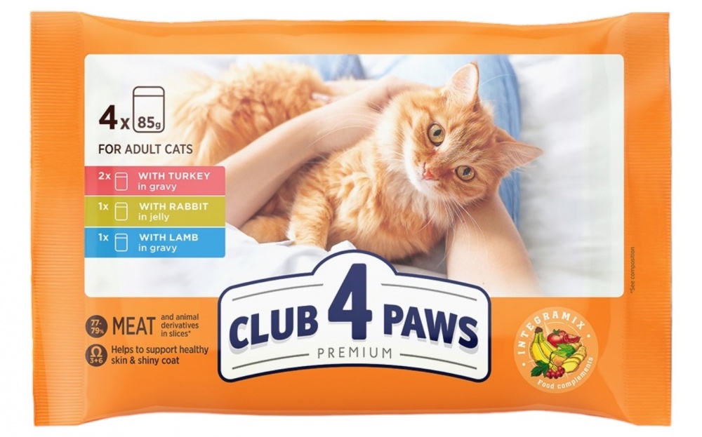 Корм вологий котів Club 4 Paws індичка в соусі, кролик у желе, ягня в соусі 4х85 г 12 кг