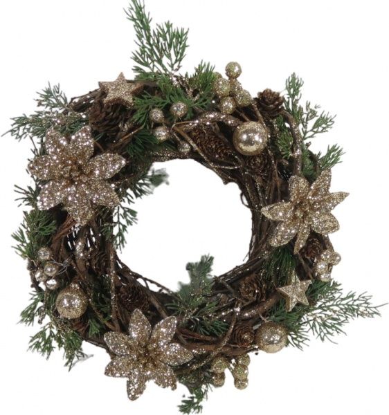 Вінок новорічний з гілками, хвоєю, квітами і кулями d300 мм EPI-HL195112 