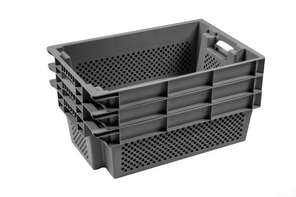 Ящик для зберігання пластиковий Пласт-Бокс поворотний перфорований сірий для харчових продуктів 200x600x400 мм