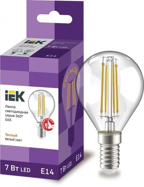 Лампа светодиодная IEK FIL G45 7 Вт E14 3000 К 220 В прозрачная 