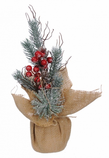 Искусственная елкаискусственная с ягодами и листьями в горшке из мешка 34 см (K-402898) 