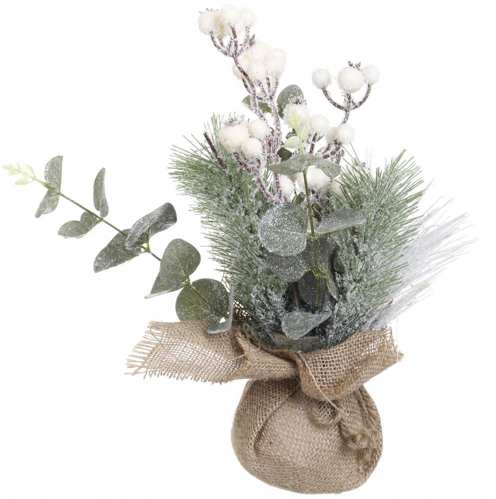 Композиция новогодняя настольная хвойная с ягодами в мешковине 30 см A3-53499