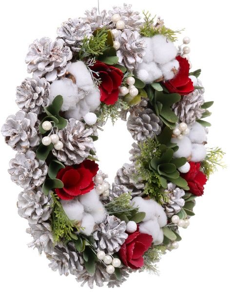 Венок новогодний с шишками, цветами и хвоей d340 мм EPI-C39301 