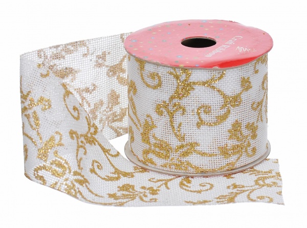 Лента декоративная 6,3 см x 2,7 м джутовая белая с золотым узором K-318816 