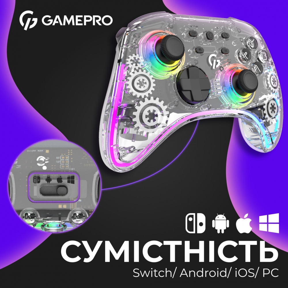 Геймпад беспроводной GamePro GPX13T 2.4G/BT 5.1/USB (Switch/PC/iOS/Android) RGB transparent