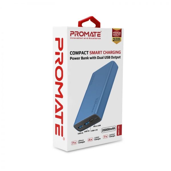 Внешний аккумулятор (Powerbank) Promate Bolt-20 10Вт 2xUSB 20000 mAh blue (bolt-20.blue) 