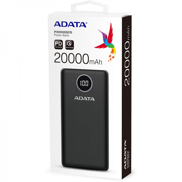 Универсальная мобильная батарея ADATA 20000 mAh black (PB931033) P20000QCD PD 18W, USB-C, 2xUSB QC 3.0 black 