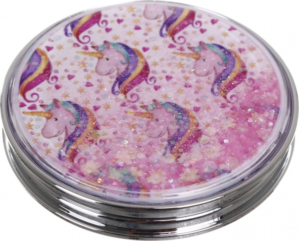 Зеркало карманное косметическое Лідер Канц Единорог с сыпучими блестками круглое 12 вариантов в ассортименте 