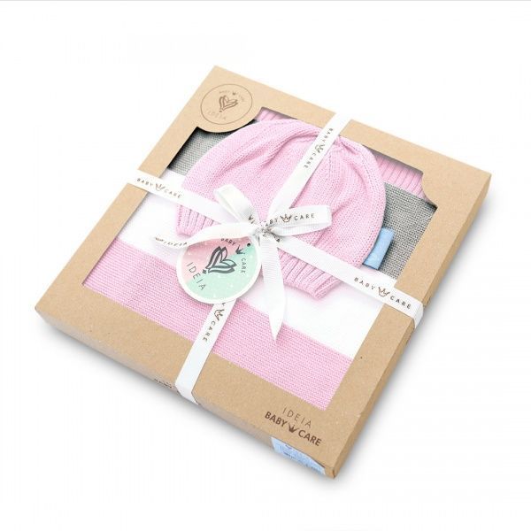 Плед IDEIA вязаный Малыш + шапочка 70х90 см розовый 8000029909 