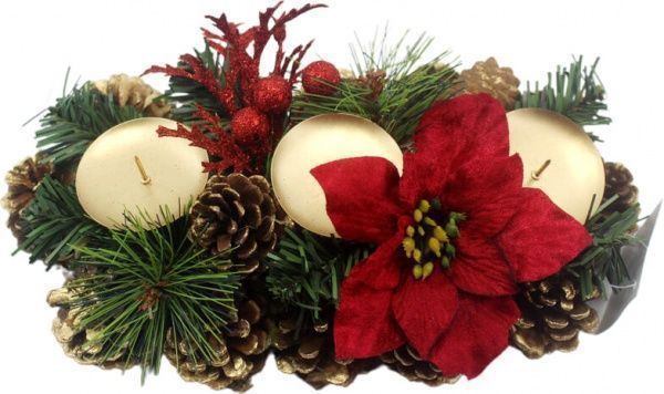 Декорация новогодняя Подсвечник тройной с шишками хвоей красными пуансетиями 27x15 см EPI-W01-1303/7 