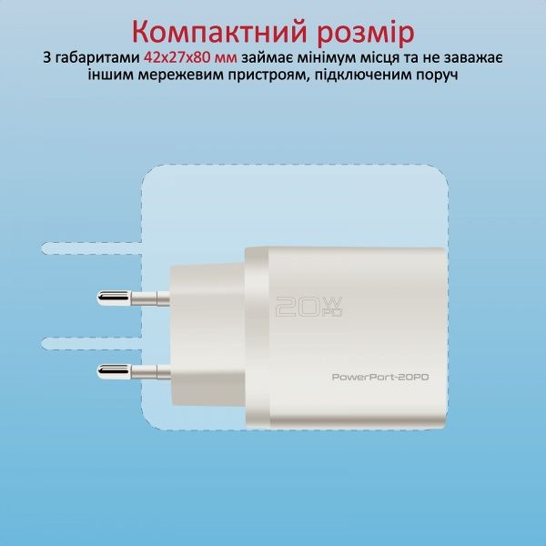 Promate PowerPort-20PD 20Вт USB Type-C PD White 