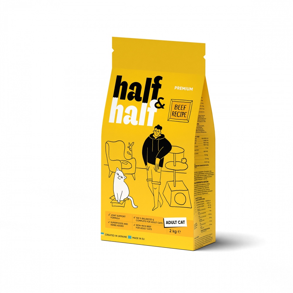 Корм сухий для дорослих котів Half&Half з яловичиною 2 кг