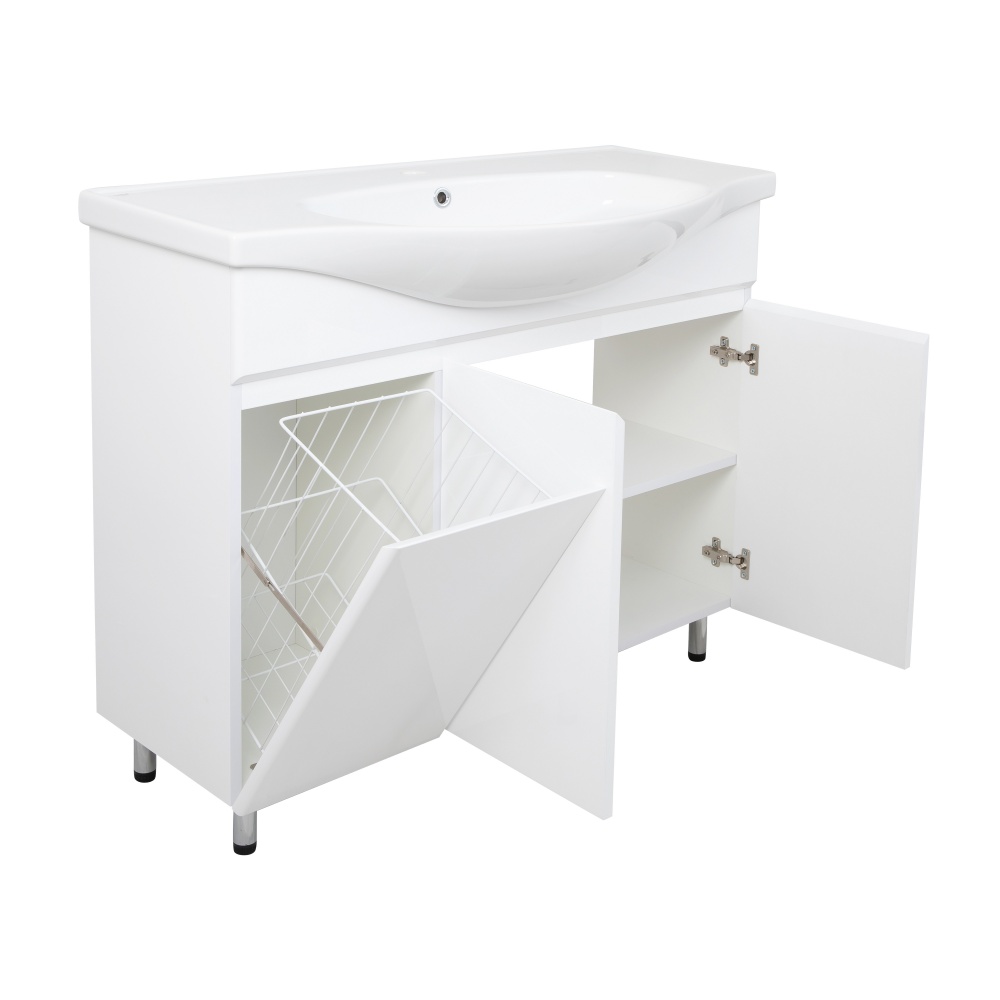 Тумба підлогова Aqua Rodos LEO білий глянець з кошиком для білизни та умивальником LILA 100 см