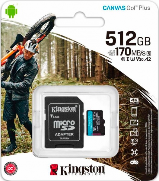 Карта пам'яті Kingston microSDXC 512 ГБ Class 10UHS-I Class 3 (U3) (SDCG3/512GB) Canvas Go Plus V30 A2 + SD-адаптер 