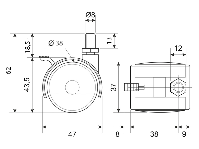 Ролик мебельный d38 мм с штифтом М8 и тормозом EP-D241203