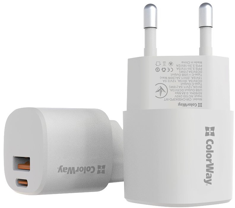 Мережевий зарядний пристрій ColorWay GaN PD Port USB PPS (Type-C PD + USB QC3.0) (33W) білий (CW-CHS043PD-WT)