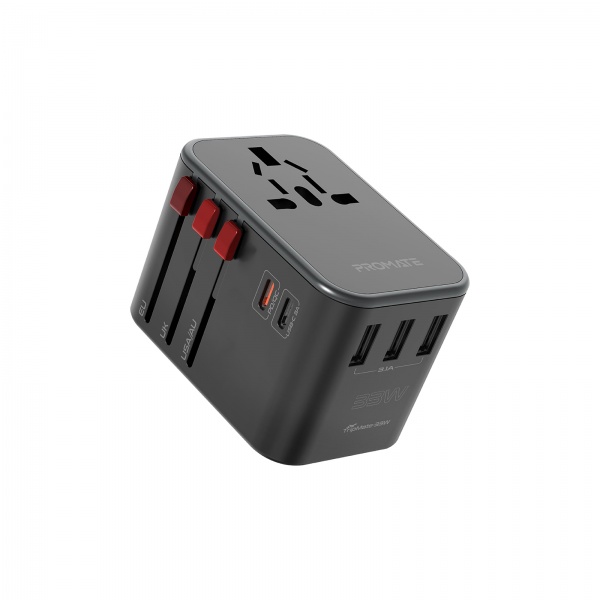 Сетевой адаптер Promate TripMate-33W EU/US/UK/AUS на EU/US/UK/AUS, 2хUSB-С+3хUSB-A 33.5 Вт total Black (tripmate-33w.black) 