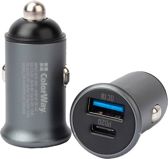 Автомобільний зарядний пристрій ColorWay 2USB Type-C PD20 W / USB QC3.0 (38 W) 
