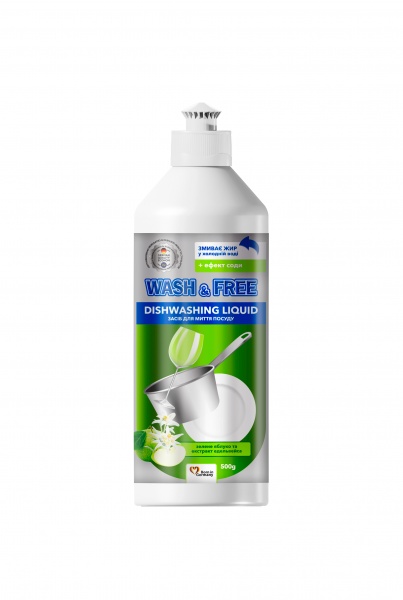 Жидкость для ручного мытья посуды Wash&Free Экстракт зеленого яблока и эдельвейса 0,5л