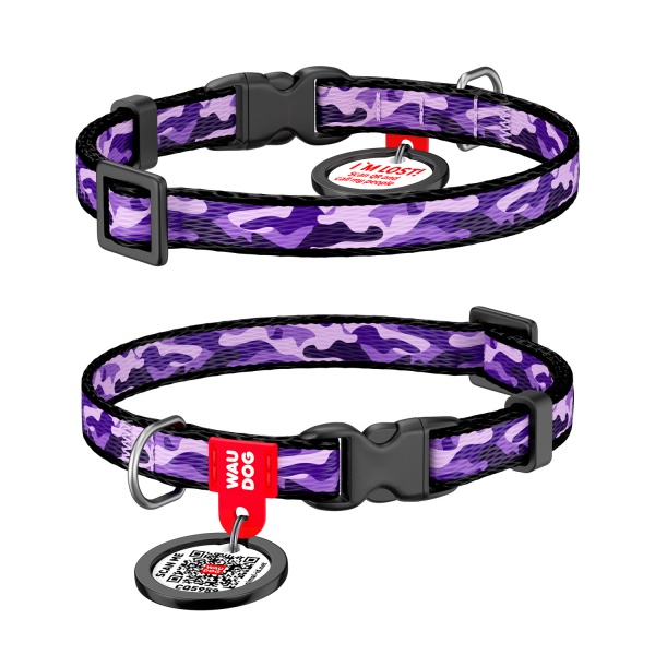 Ошейник WAUDOG Nylon c QR паспортом Фиолетовый камо