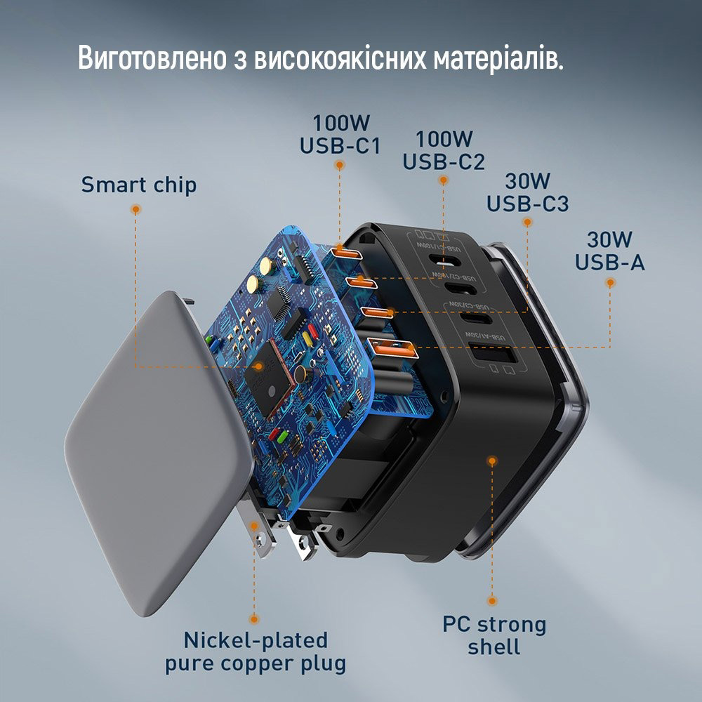 Сетевое зарядное устройство ColorWay Power Delivery GaN (USB-A + 3USB TYPE-C) (100W)