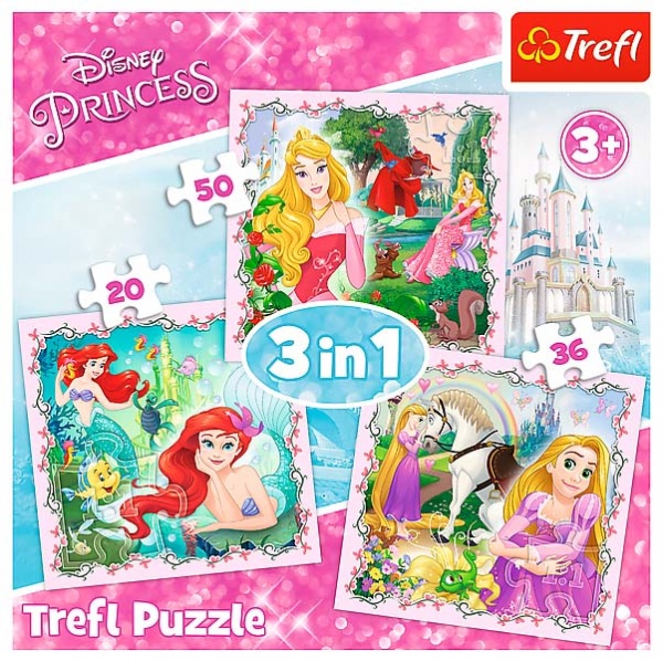 Пазлы Trefl 3 в 1 Рапунцель, Аврора и Ариэль 34842