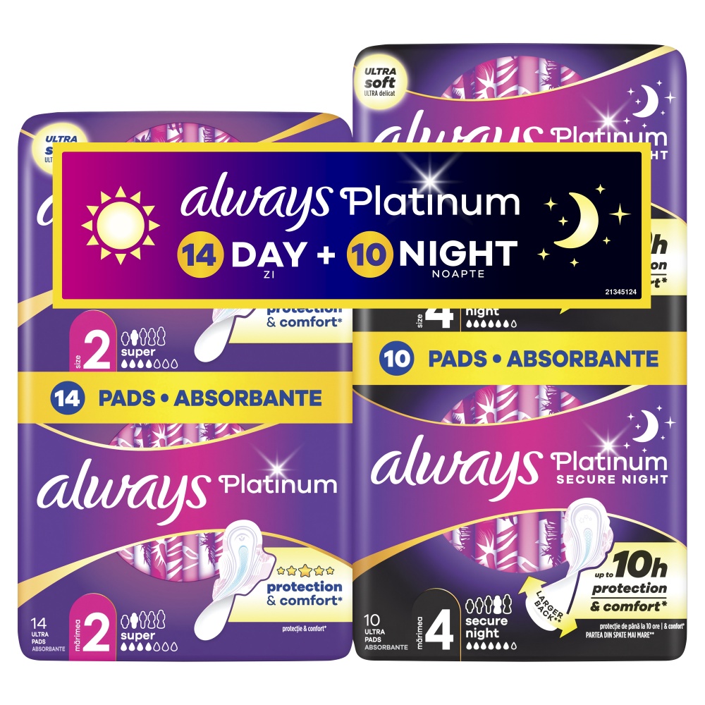 Прокладки гігієнічні Always Platinum Super (Розмір 2) 14 шт + Platinum Secure Night (Розмір 4) 10 шт.