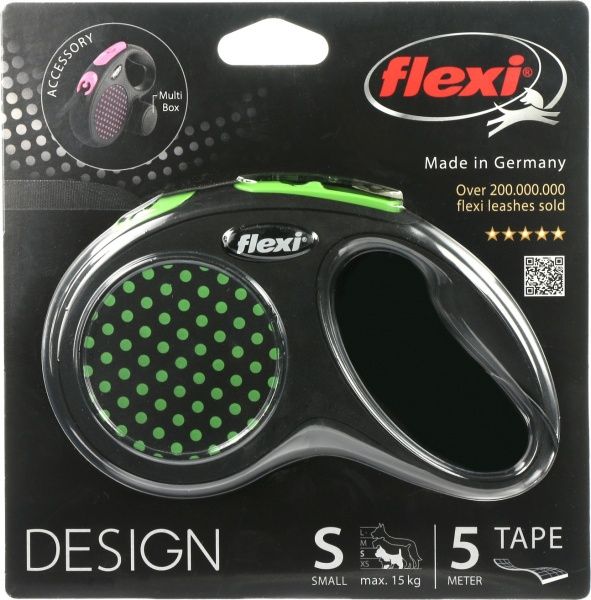 Повідець-рулетка FLEXI Disign S чорний із зеленими вставками до 15 кг 5 м