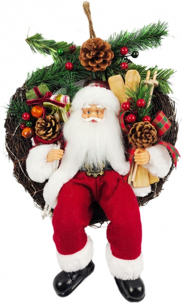 Декорація новорічна ShenzhenTianJialiIndustrialCo Дід Мороз на віночку червоний 30 см 