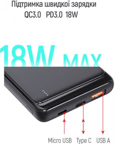 Зовнішній акумулятор (Powerbank) ColorWay LCD USB QC3.0 + USB-C PD 22.5W 10000 mAh black (CW-PB100LPG3BK-PD) 