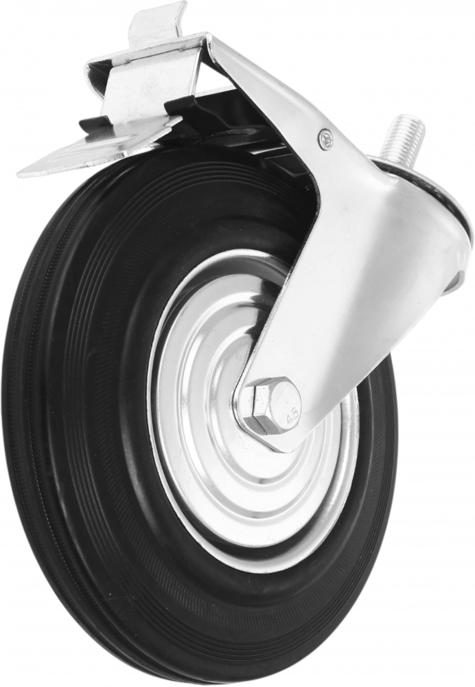 Колесо d200 мм резиновое поворотное с тормозом і резьбовым штырем M16