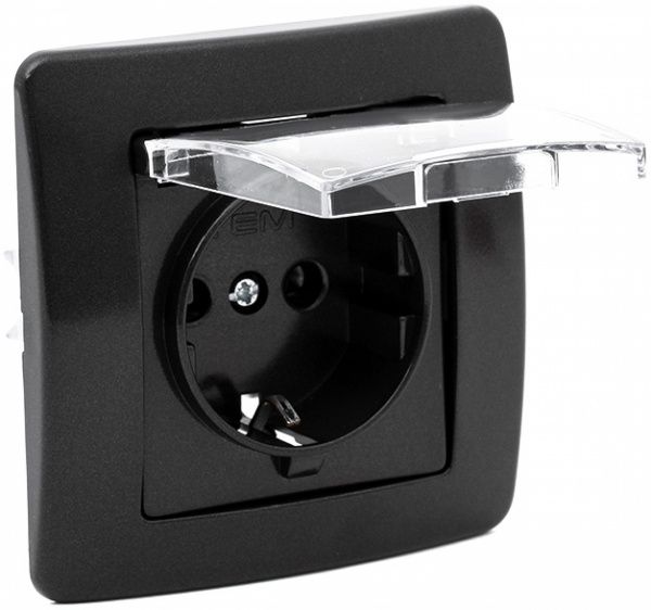 Розетка із заземленням TEM Ekonomik 16 А 250 В без шторок з кришкою чорний VE11BT-B