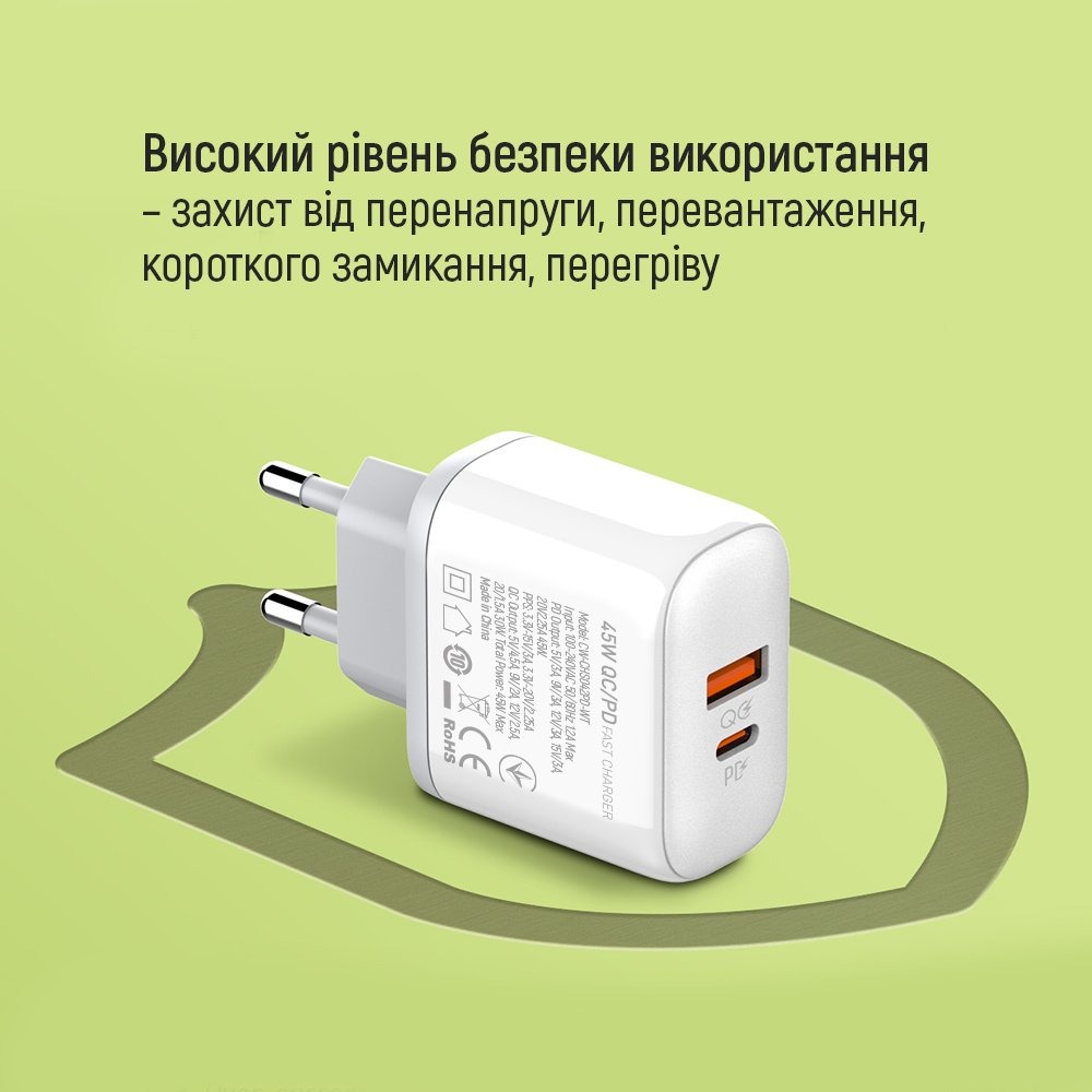 Мережевий зарядний пристрій ColorWay Power Delivery Port PPS USB (Type-C PD + USB QC3.0) (45W) білий CW-CHS042PD-WT