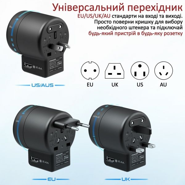Универсальный адаптер Promate Twist EU/US/UK/AU to EU/US/UK/AU+2xUSB 12 Вт Black 