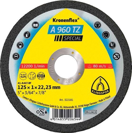 Круг відрізний по металу по нержавіючій сталі Klingspor 125x1,0x22,2 мм 322181