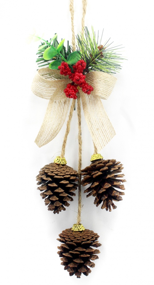 Декорація новорічна підвісна з шишками, ягодами, бантом 36см W01-1307/120-1