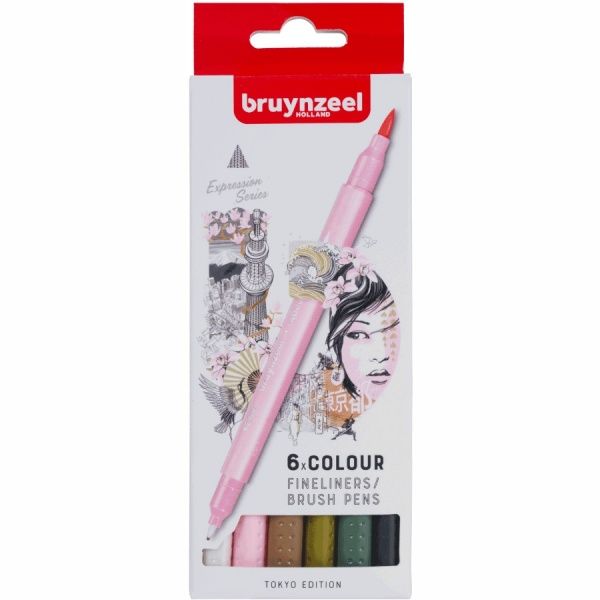 Набір лінерів-пензлів Bruynzeel Brushpen Tokyo 6 кольорів 