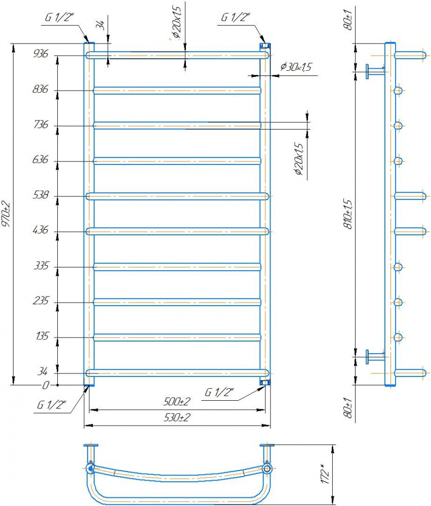 Полотенцесушитель водяной Mario INOX Люкс 970х530/500