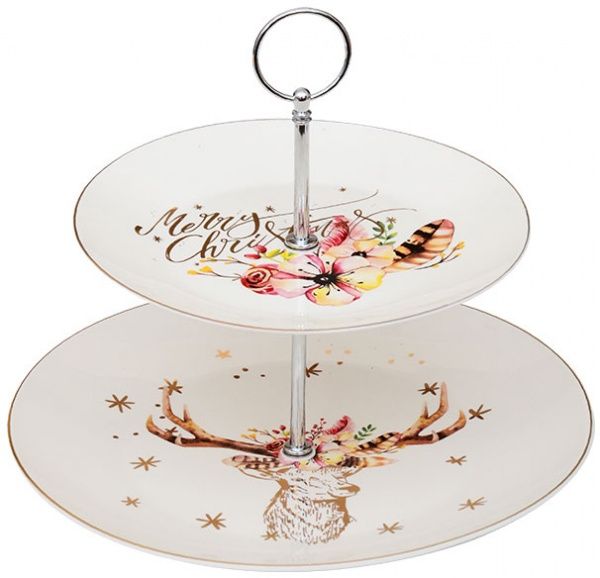 Блюдо двоярусне для тістечок Різдвяний олень 924-458 Lefard 