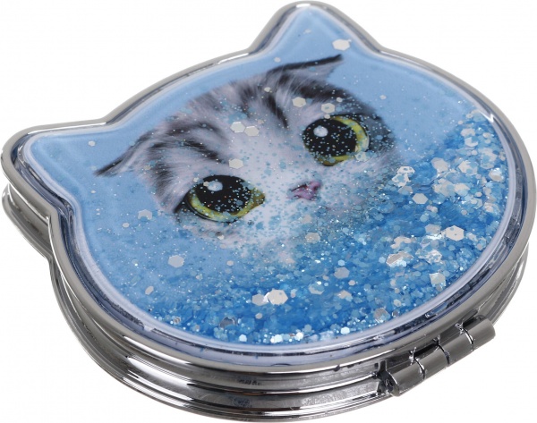 Зеркало карманное косметическое Лідер Канц Котик с сыпучими блестками фигурное 12 вариантов в ассортименте 