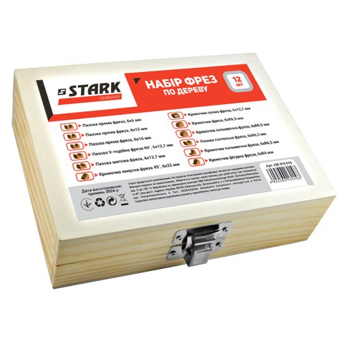 Набір фрез галтельна-V-подібна-калювальна-конусна-пряма Stark по дереву 12 шт. 250016015