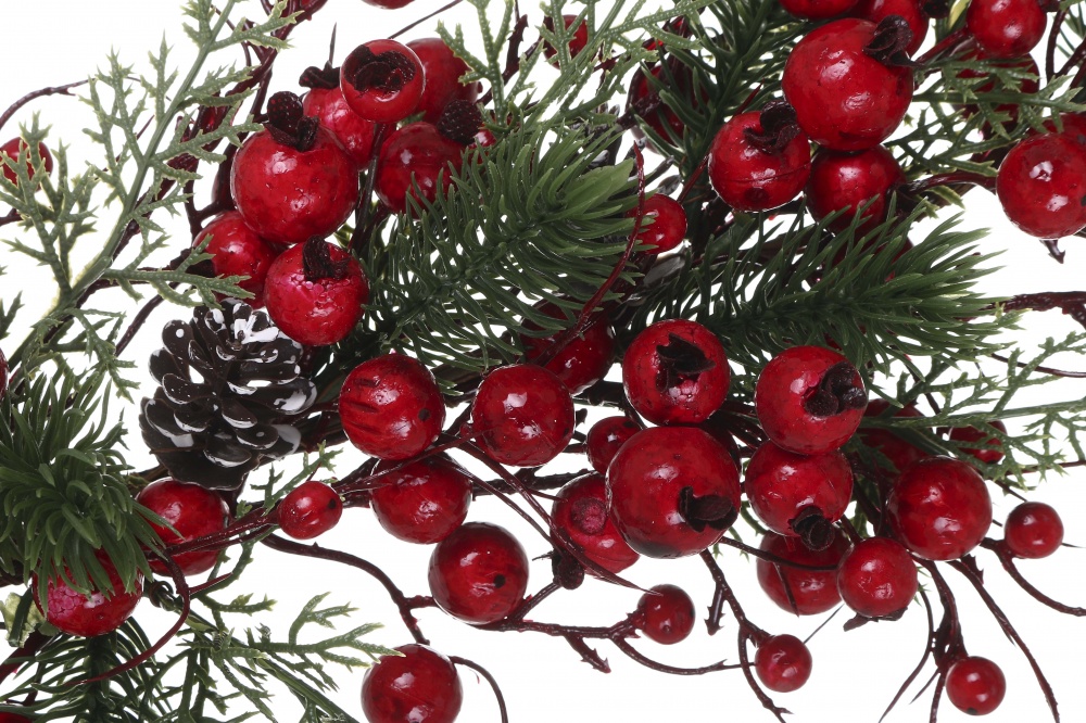 Декорация новогодняя ветвь хвойная с ягодами и шишками 80 см RS1Z1983G