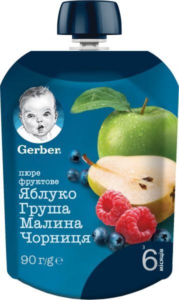 Пюре Gerber Яблуко, груша, малина, чорниця з 6 місяців 90 г 7613036345484 