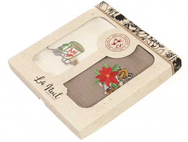 Набор полотенец вафельных с вышивкой Рождественский кофейный 45x60 см бежевый с коричневым Luna 