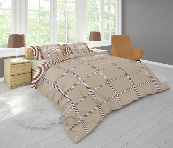 Комплект постельного белья Клетка большая 1,5 бежевый с белым Rigel 