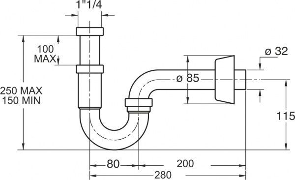 Сифон для умывальника Bonomini TUBULAR с накидной гайкой 1 1/4, сливная трубка d32x200 с розеткой