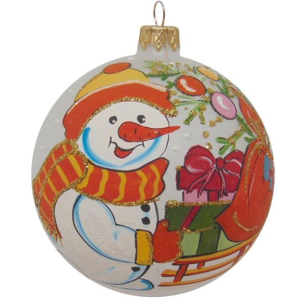 Шар новогодний стеклянный d100 снеговички 